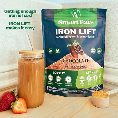 Smart Eats - High Iron Drink & Smoothie Powder with Protein, Vitamins, Fiber, Antioxidants | Support Energy, Hair, Brain, Blood | Gentle, Non-Constipating | Vegan, Keto | Chocolate Flavor | 30 Scoops