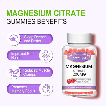 Magnesium Citrate Gummies, High Absorption Magnesium Gummies for Adults, Muscle & Teeth Support, 60 Vegan Natural Raspberry Gummies
