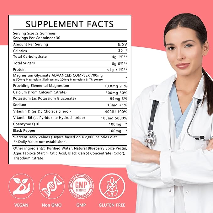 Magnesium Glycinate Gummies 500mg - Sugar Free Chelated Magnesium Potassium Supplement with Vitamin D, B6, CoQ10 for Relaxation, Calm Mood & Sleep Support - 60 Raspberry Magnesium Gummies