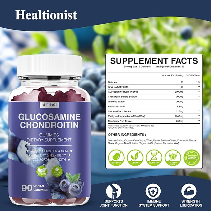 Glucosamine Chondroitin Gummies - 3000MG Extra Strength Joint Support Supplement with MSM & Elderberry, Flexibility, Antioxidant Immune Support Gummy for Adults, Men & Women 90 Blueberry Gummies