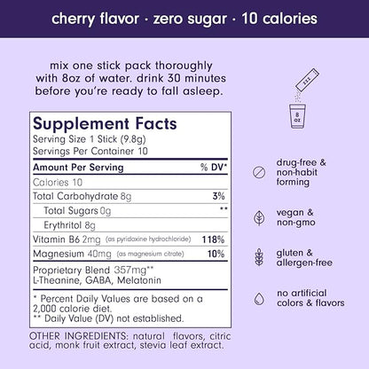 Som Sleep, Restful Sleep Powder Drink Mix w/Melatonin, Magnesium, Vitamin B6, L-Theanine & GABA – Vegan, Zero Sugar, Keto Friendly – Cherry, 10-Pack