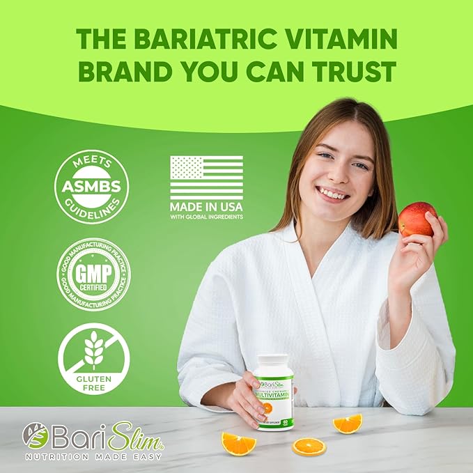 BariSlim Advanced Chewable Bariatric Multivitamin Tablets - Bariatric Vitamin and Supplement for Post Bariatric Surgery Including Gastric Bypass and Gastric Sleeve | Orange (60 Count)