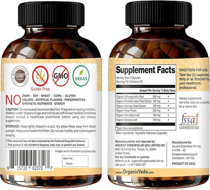 Organic Veda Ashwagandha Mood Support Supplement 1200mg, with Organic Ashwagandha Root, Bacopa, Rhodiola Rosea, Holy Basil, Moringa, Focus & Energy Support - 60 Vegan Capsules