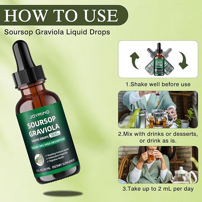 Graviola Soursop Leaf Extract Liquid - Soursop Bitters Liquid, Immune Boost, Relax, Liver and Sleep, Vegan, Sugar & Gluten Free, 98% Absorption Rate, Natural Flavor, 2 Month Supply 60ML
