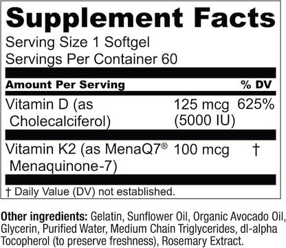 Live Conscious Vitamin K2 MK7 with D3 Supplement | Bone & Heart Health Support - Patented Vitamin K & Vitamin D3 5000 IU - 60 Softgels