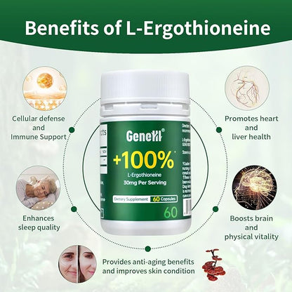 L-Ergothioneine Supplement, 30mg(EGT)/Serving, 6X Ergothioneine Mushroom Extract Supplements Longevity, Immune Support, Heart Health & Brain Supplement, Lab Tested, Made in USA, 60 Servings