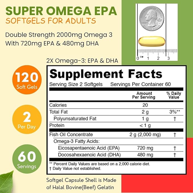 Halal Fish Oil Softgels 120 Ct, Double Strength - Halal Omega 3 Fish Oil Supplements. Wild Caught, Non-GMO & Purified