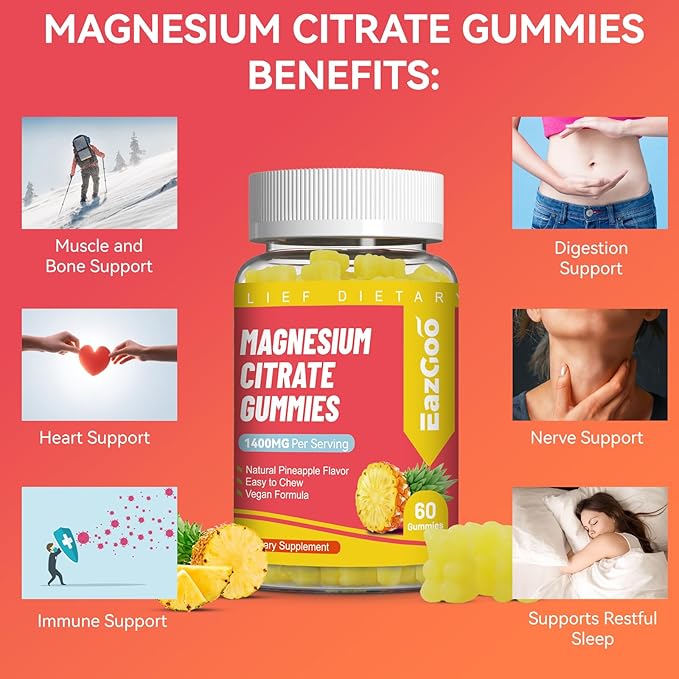 1400MG Magnesium Citrate Gummies, High Absorption Magnesium Gummies for Adults, Extra Strength Magnesium Gummy Supplement for Healthy Relaxation, Vegan, Non-GMO, 60 Gummies