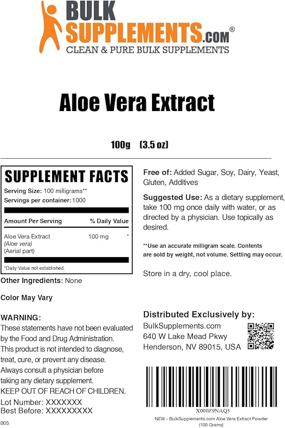 BulkSupplements.com Aloe Vera Extract Powder - Aloe Vera Supplement, Aloe Vera Powder - Herbal Supplement, Pure & Gluten Free, 100mg per Serving, 100g (3.5 oz) (Pack of 1)