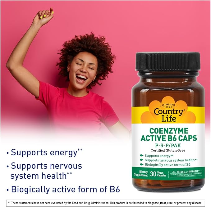 Country Life Coenzyme Active B-6, 50mg Vitamin B6-30 Vegetarian Capsules - Supports Energy, Nervous & Immune Systems - 25mg P-5-P Vitamin B6 - Certified Gluten Free, Vegan - No Artificial Additives