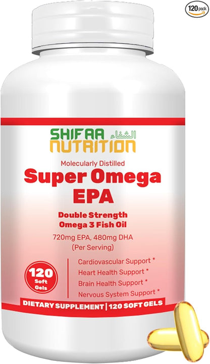 Halal Fish Oil Softgels 120 Ct, Double Strength - Halal Omega 3 Fish Oil Supplements. Wild Caught, Non-GMO & Purified