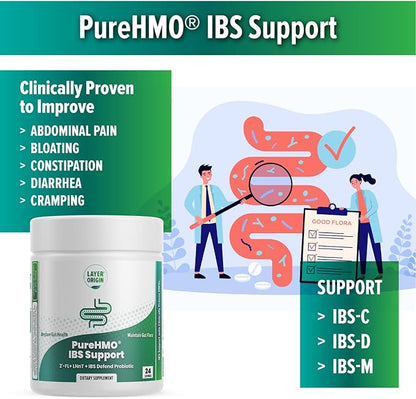 Layer Origin PureHMO IBS Support - Clinically Tested Super Prebiotic + Probiotic for IBS - Strengthen Gut Barriers and Restore Your Gut Functions