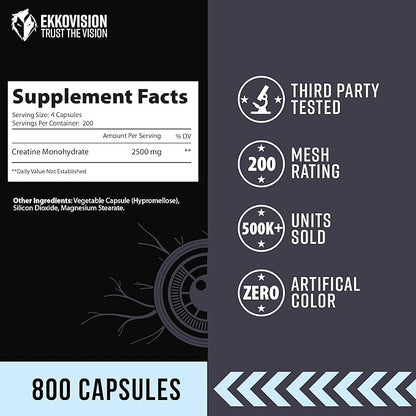 Creatine Monohydrate Capsules, Micronized, Capsules, Pre Workout & Post Workout Supplement for Men and Women, Energy Support, Smoothies & Beverages, 200 Servings