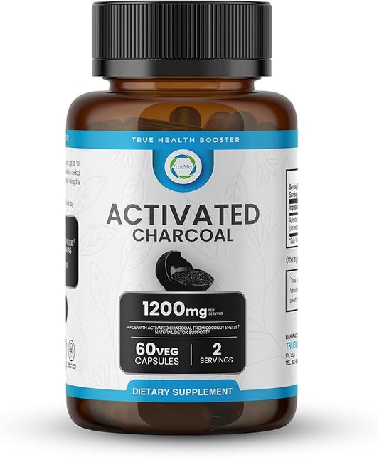 Activated Charcoal Capsules 1200 MG, 60 Veg Caps, 30-Days Premium Detox & Digestive Support, Gas & Bloating Relief, Organic Coconut Shell Charcoal, Gut Health, USA Made.