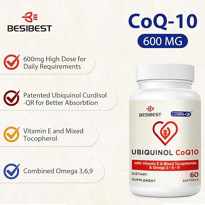 Ubiquinol CoQ10-600mg-Softgel, Active Form of Coq10 Ubiquinol Supplement with Vitamin E & Omega 3, 6, 9, High Absorption-Coenzyme-Q10, Powerful Antioxidant for Energy Production, 240 Count
