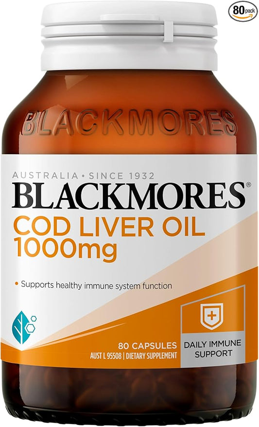 Blackmores Cod Liver Oil 1000 mg 80 Capsules, Vitamin A + Vitamin D + Omega-3, Made in Australia