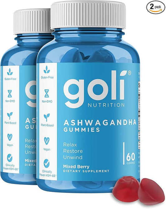 Goli Ashwagandha & Vitamin D Gummy 120 Count - Relax. Restore. Unwind. (Mixed Berry, KSM-66, Vegan, Plant Based, Non-GMO, Gluten-Free & Gelatin Free), Pack of 2