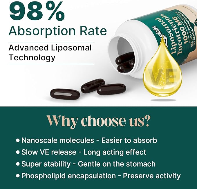 Vitamin E Tocotrienols - Liposomal Tocotrienols Supplement 1000mg, Highly Absorbable Delta Tocotrienol and Gamma Tocotrienol for Bone Health, and Antioxidant Support, 120 Softgels