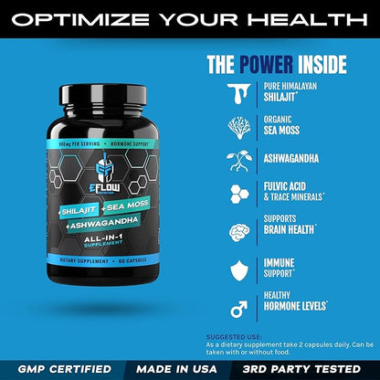 eFlow Nutrition Shilajit Capsules, Ashwagandha, Sea Moss [All-in-1] Trace Minerals, Fulvic Acid, Lab Tested Pure Himalayan Shilajit for Men & Women | Energy, Vitality & Hormonal Support (60 Capsules)