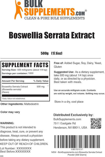 BulkSupplements.com Boswellia Serrata Extract Powder - from Frankincense Resin, Boswellia Serrata Powder - Herbal Supplement, Gluten Free, 500mg per Serving, 500g (1.1 lbs) (Pack of 1)