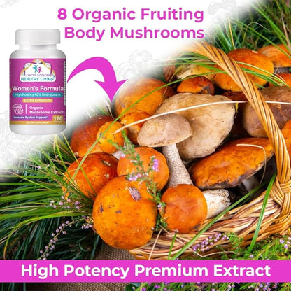 CANCER SCIENCES Women's Wellness Supplement, USDA Certified Organic Mushrooms Extract, Extra Strength 1,500 mg, High Potency 40% Beta-Glucans, Immune & Hormonal Support, Digestive Health, 120 Capsules