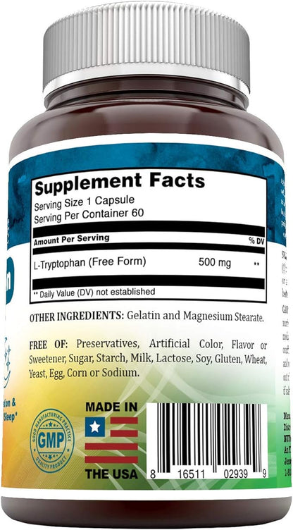 L-Tryptophan Dietary Supplement 500 mg 60 Capsules (Non-GMO) - Natural Sleep Aid Supplements with 500 mg of Free Form L Tryptophan - Circulation & Immune Support*