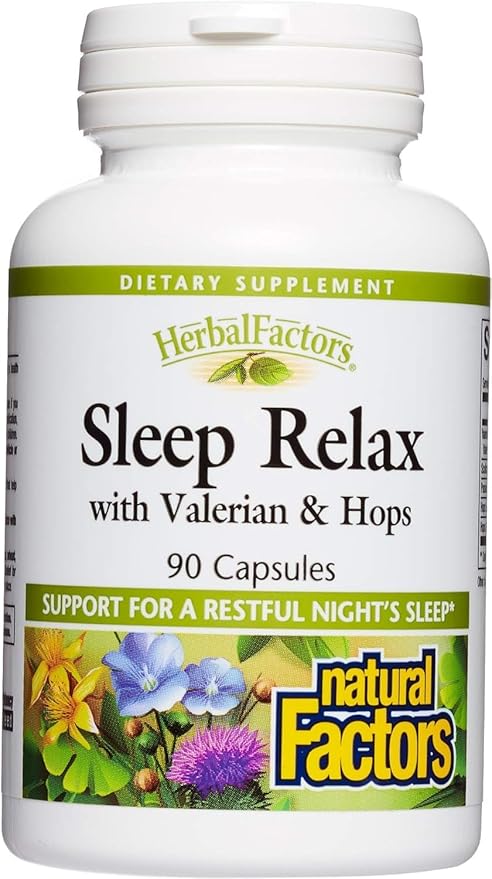 Herbal Factors Sleep Relax Formula by Natural Factors, Natural Sleep Aid with Valerian Root, Passion Flower and Skullcap, Non-GMO, 90 capsules (90 servings)