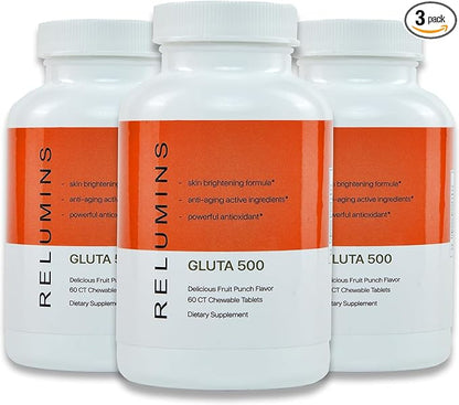 Relumins Gluta 500 - Chewable/Sublime Wall Glutathione Complex with Advanced Skin Nutrition - Hyaluronic Acid, VIT C, Biotin Plus 4 Powerful Actives - Fruit Punch Flavored - 60CT x 3 Bottles