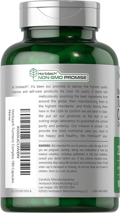 Horbäach Turmeric Curcumin Supplement | 2250mg | 180 Capsules | with Black Pepper & Tart Cherry | Non-GMO & Gluten Free