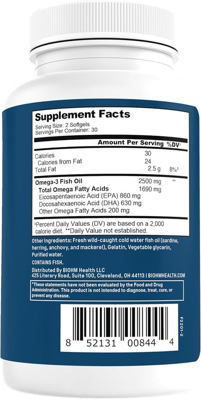 BIOHM Omega-3 Fish Oil (2500mg, 60 Softgels) High Potency 860mg EPA & 630mg DHA, Omega 3 Fatty Acid Supplements to Support Brain, Joint, Eye, Liver & Gut Health, Sustainably Sourced