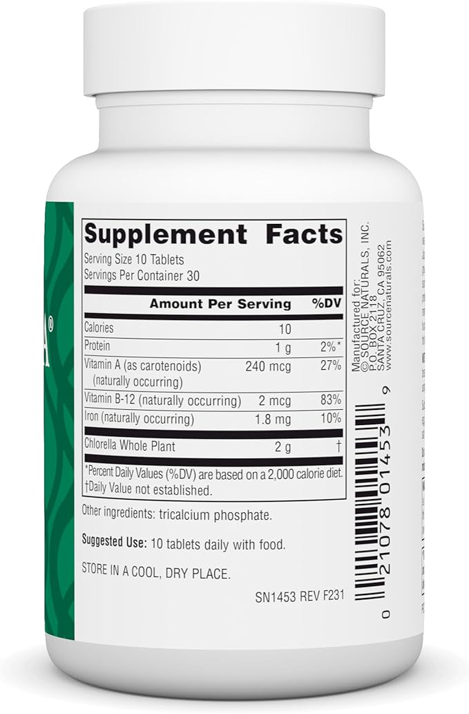 Source Naturals Yaeyama Chlorella 200 mg Green Superfood, Plant-Based B12-300 Tablets
