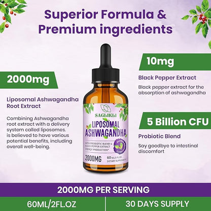 Liposomal Ashwagandha Liquid Drops 2000mg, Ashwagandha Root Extract Supplement (7% Withanolides) with Black Pepper Extract & Probiotics for Focus, Cognition & Energy - 2 FL.OZ (1 Bottle)