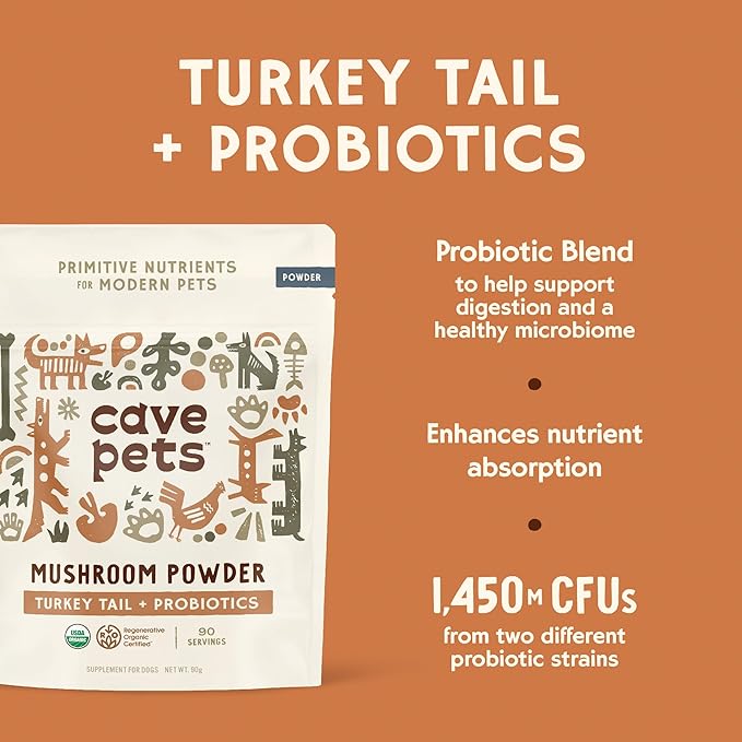 Super Blend Powder, Mushroom Mycelium and Dog Probiotic Supplement for Brain and Digestive Health, Turkey Tail & Probiotics, 90 Servings