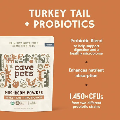 Super Blend Powder, Mushroom Mycelium and Dog Probiotic Supplement for Brain and Digestive Health, Turkey Tail & Probiotics, 90 Servings