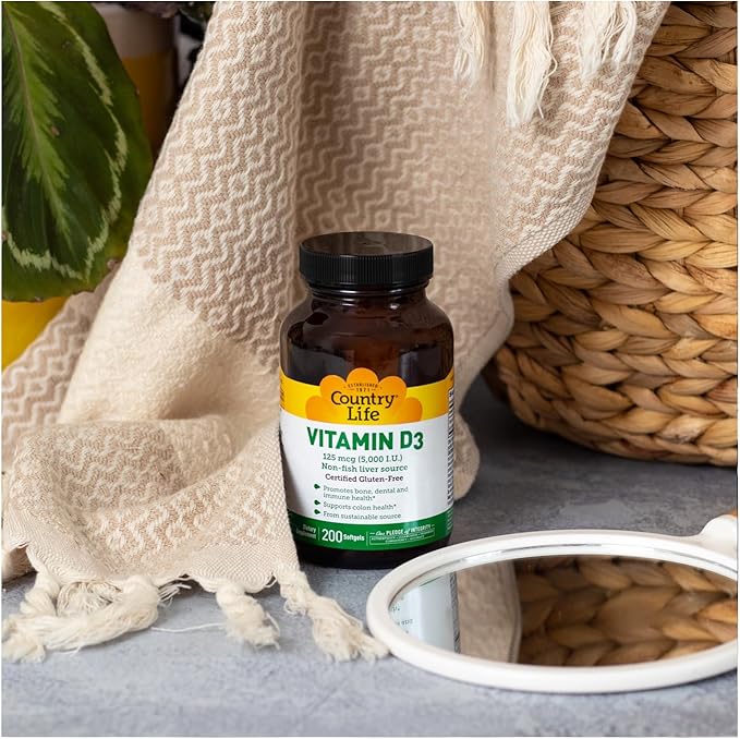 Country Life Vitamin D3 5000 IU for Immune and Bone Health, Calcium Absorption, and Colon Health - Sustainable Source from Lanolin, Available in Various Strengths