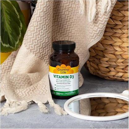 Country Life Vitamin D3 5000 IU for Immune and Bone Health, Calcium Absorption, and Colon Health - Sustainable Source from Lanolin, Available in Various Strengths