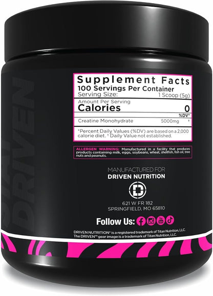 Driven Nutrition Creatine, 500g - Unflavored Micronized Powder, Physical Performance & Cognition - 5g Per Serving for Reduced Fatigue & Increased Strength, Muscle Mass, Endurance, & Speed