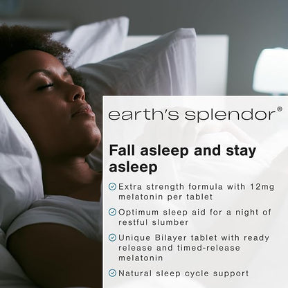 Earth's Splendor Melatonin 12 MG Bilayer Tablets, Sleep Aid Supplement, 60 Count - 2 Month Supply Melatonin