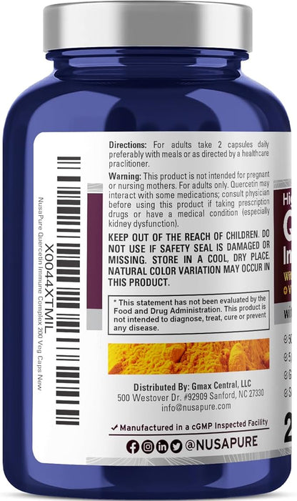 NusaPure Quercetin Complex: Bromelain, Vitamin C, Vitamin D3, Stinging Nettle, Zinc | 200 Veggie Caps (Non-GMO, Bioperine)