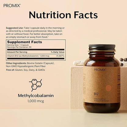 Promix Nutrition Vitamin B12 Supplement - 1000mcg as Methylcobalamin - Gut friendly - 90 count