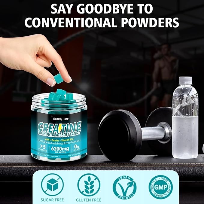 Beauty Bar Creatine Monohydrate Gummies,6200mg for Men & Women-120 Gummies,Sugar Free Chewable Creatine Monohydrate for Muscle Strength,Energy Boost,Blueberry Flavor