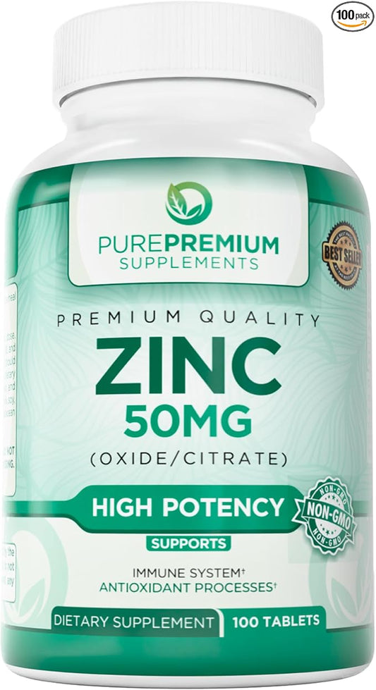 PurePremium Natural Zinc 50mg Supplements for Men & Women - High Potency Vitamin Zinc Citrate/Oxide for Adults, Immune Antioxidant, Energy Support - 100 Tablets