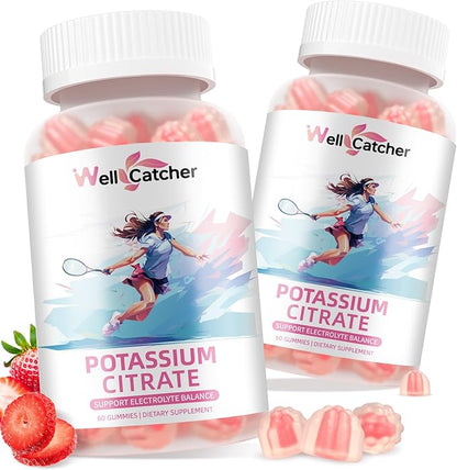 Potassium Gummies Supplement Men Women - High Potassium Citrate Gummies Sugar Free for Adults Kids Support Leg Cramps Electrolyte Balance Vegan Non-GMO Organic Strawberry Flavor 60 Counts