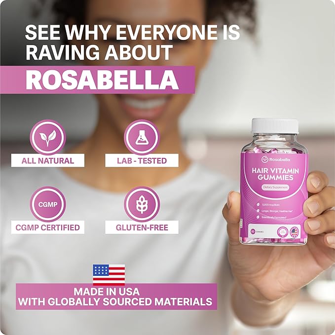 Rosabella Hair Growth Gummies for Women & Men – Vegan Hair Gummies with 5000mcg Biotin – Hair Vitamins for Strong, Healthy-Looking Hair – Gummy Biotin Supplement – 60 Count