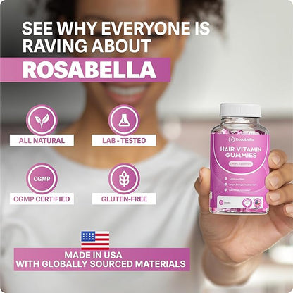 Rosabella Hair Growth Gummies for Women & Men – Vegan Hair Gummies with 5000mcg Biotin – Hair Vitamins for Strong, Healthy-Looking Hair – Gummy Biotin Supplement – 60 Count