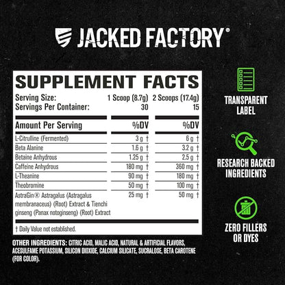 Jacked Factory NITROSURGE Pre Workout Supplement - Endless Energy, Instant Strength Gains, Clear Focus, Intense Pump - NO Booster & Preworkout Powder with Beta Alanine - 30 Servings, Sour Peach Rings