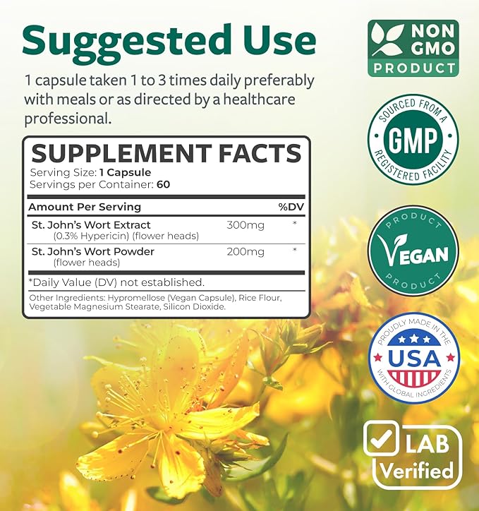 St. John's Wort - 60 Capsules (Non-GMO) Effective St Johns Wort Capsules - Powerful 900mcg Hypericin - Standardized Extract & Whole Herb Supplement - No Oil, Pills, Tea, Tincture - 500mg Per Capsule