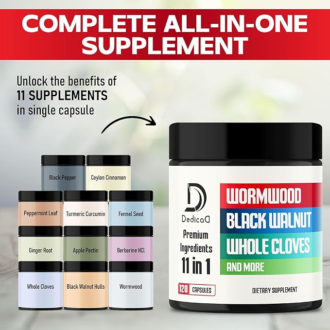 Wormwood Supplement - 120 Capsules Extracted from Black Walnut, Cloves, Turmeric, Apple, Berberine HCl & More - 11 Ingredients Combined for Digestive Health, Immune System - 2-Month Supply