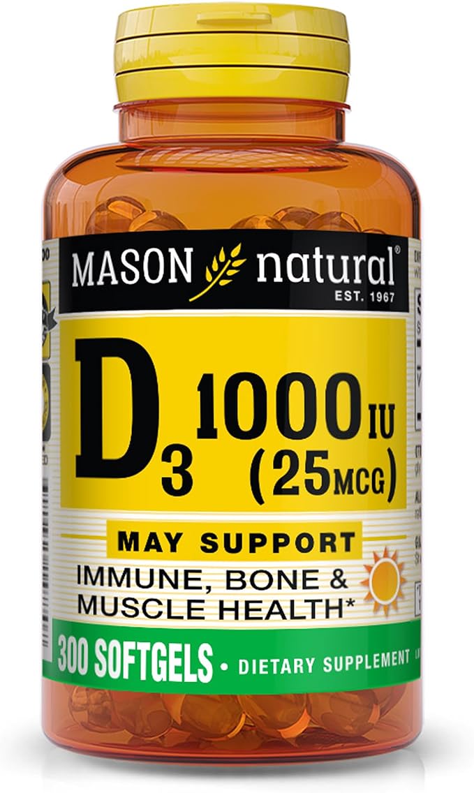 MASON NATURAL Vitamin D3 25 mcg (1000 IU) - Supports Overall Health, Strengthens Bones and Muscles, from Fish Liver Oil, 300 Softgels