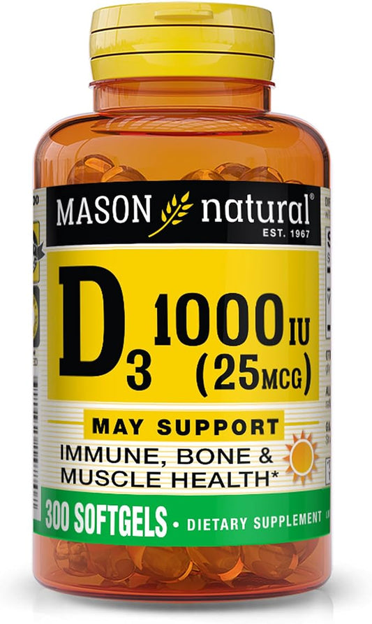 MASON NATURAL Vitamin D3 25 mcg (1000 IU) - Supports Overall Health, Strengthens Bones and Muscles, from Fish Liver Oil, 300 Softgels